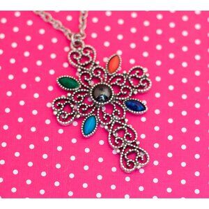 Vintage Celtic Multi Stones Cross Necklace by Avon 24 inch - P9